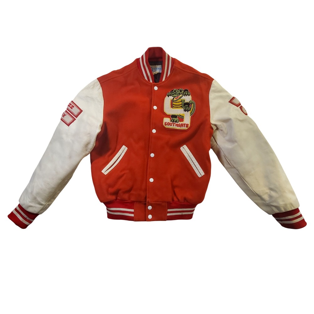 Vtg 90s Southgate Varsity Letterman Jacket Red Leather Wool Gator Bomber Canada - Picture 2 of 13
